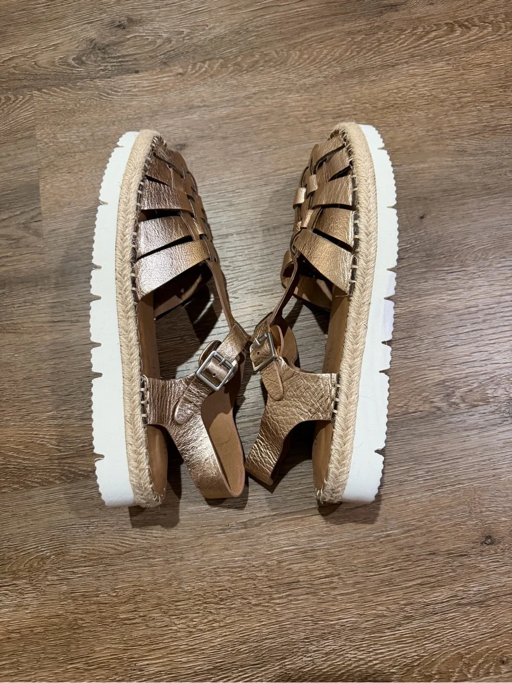Gentle Souls Lizzy Eva Basket T-Strap Leather Espadrille Sandals 9.5 Rose Gold